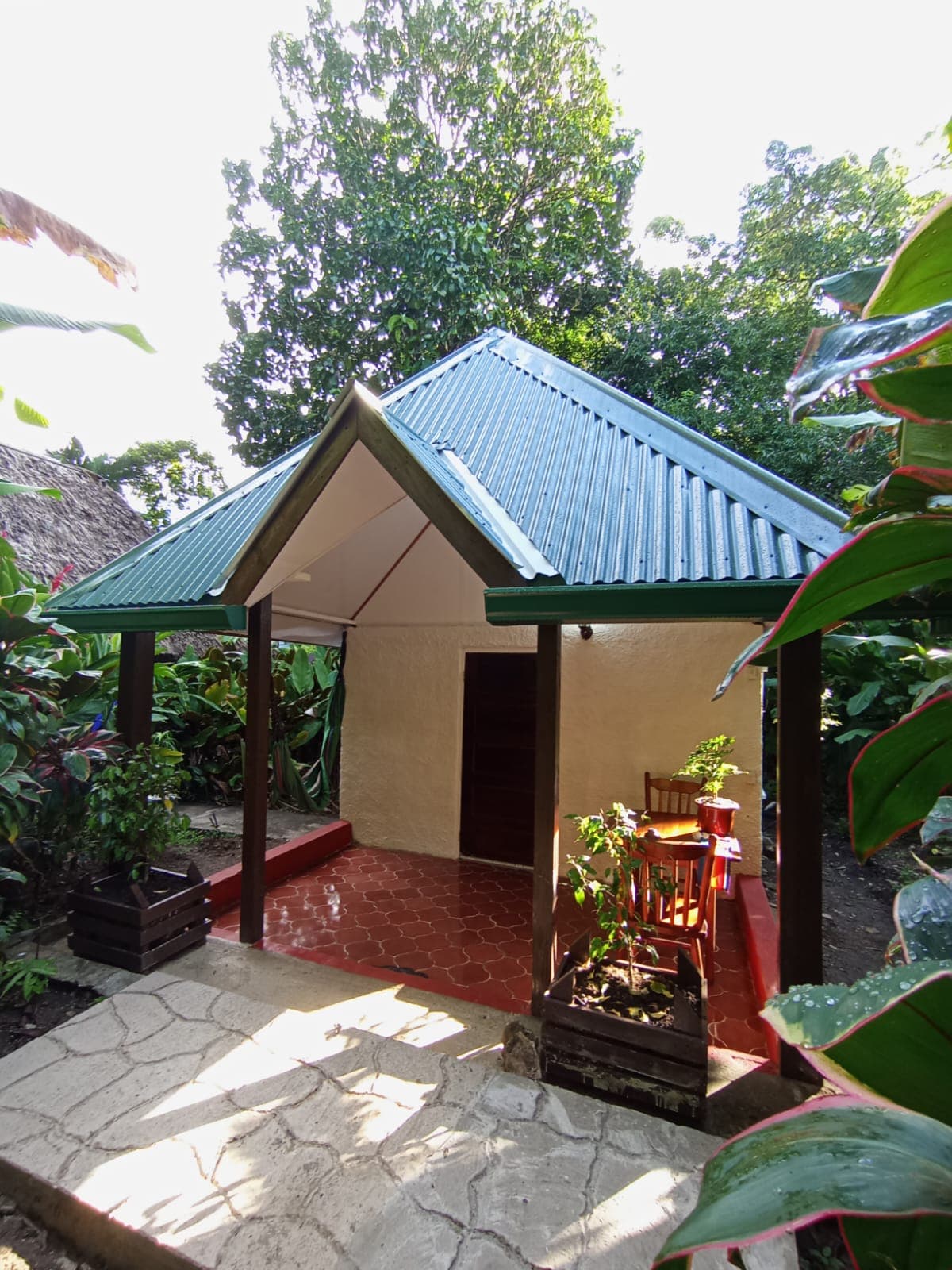 Exterior view of a small tan cottage with a green corrugated metal roof and an open porch area, surrounded by lush tropical greenery and trees.
