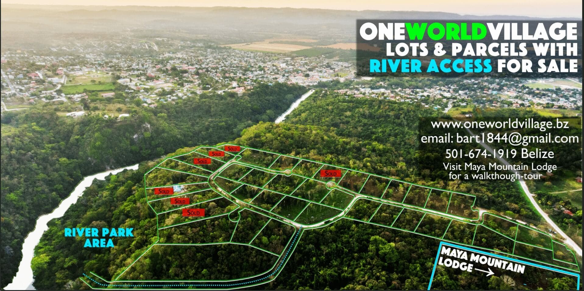 Aerial map of One World Village showcasing available lots and parcels with river access in Belize.