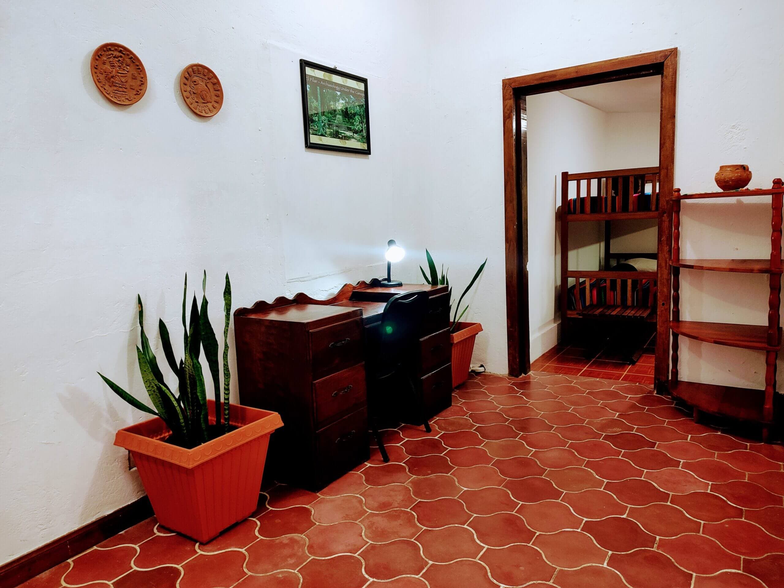 An office area with red patterned tile flooring, featuring a dark wood desk with a black chair and lamp, several large potted snake plants, and a view through a doorway into a bedroom with wooden bunk beds.