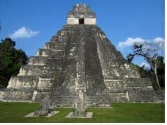 Mayan pyramid surrounded by lush greenery under a clear blue sky.